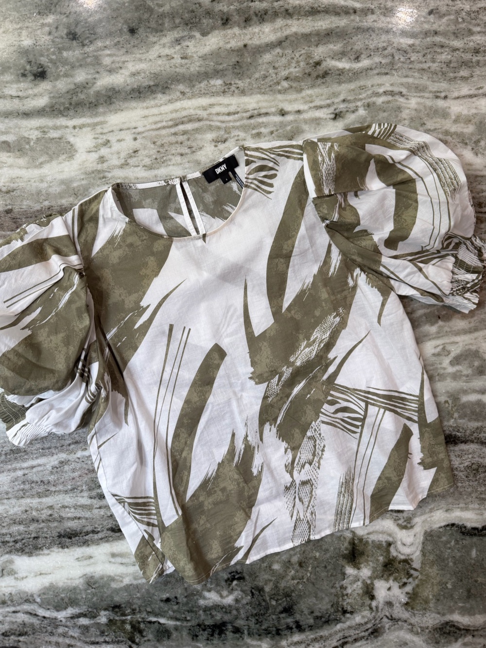 DKNY Olive Brushstroke Puff Sleeve Blouse